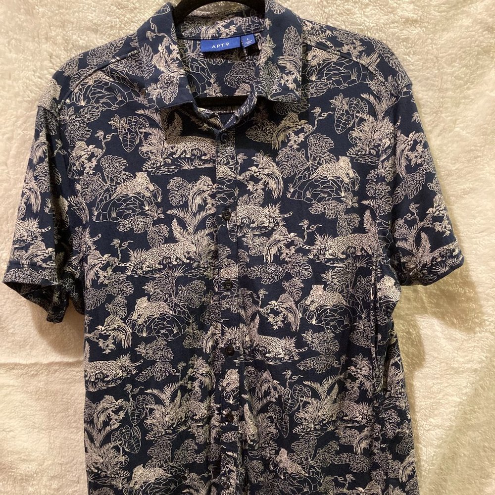 Apt 9 Mens Large Short Sleeve Shirt 100% Cotton Dark Blue Jungle Animal Print